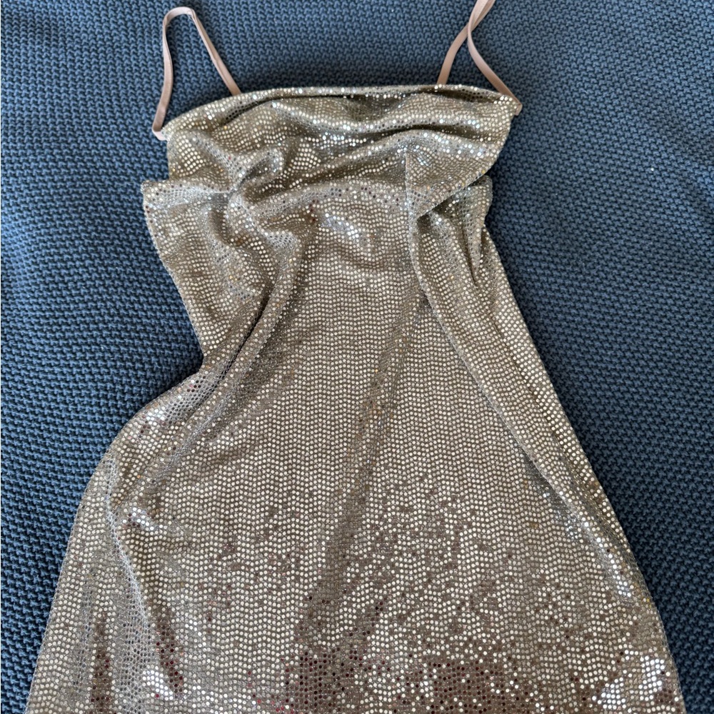 Bebe Silver Sequin Slip Dress Sleeveless Cowl Neck